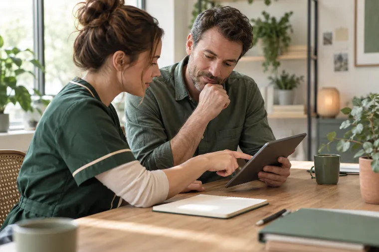 Professionnelle et responsable échangeant autour d’un planning d’intervention.