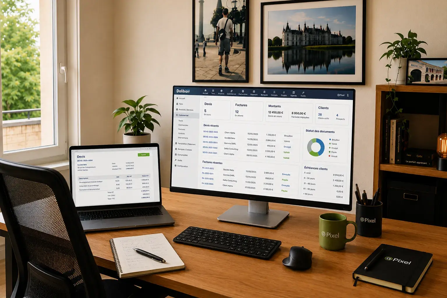Espace de travail avec des tableaux de bord Dolibarr dédiés aux devis, factures et clients.