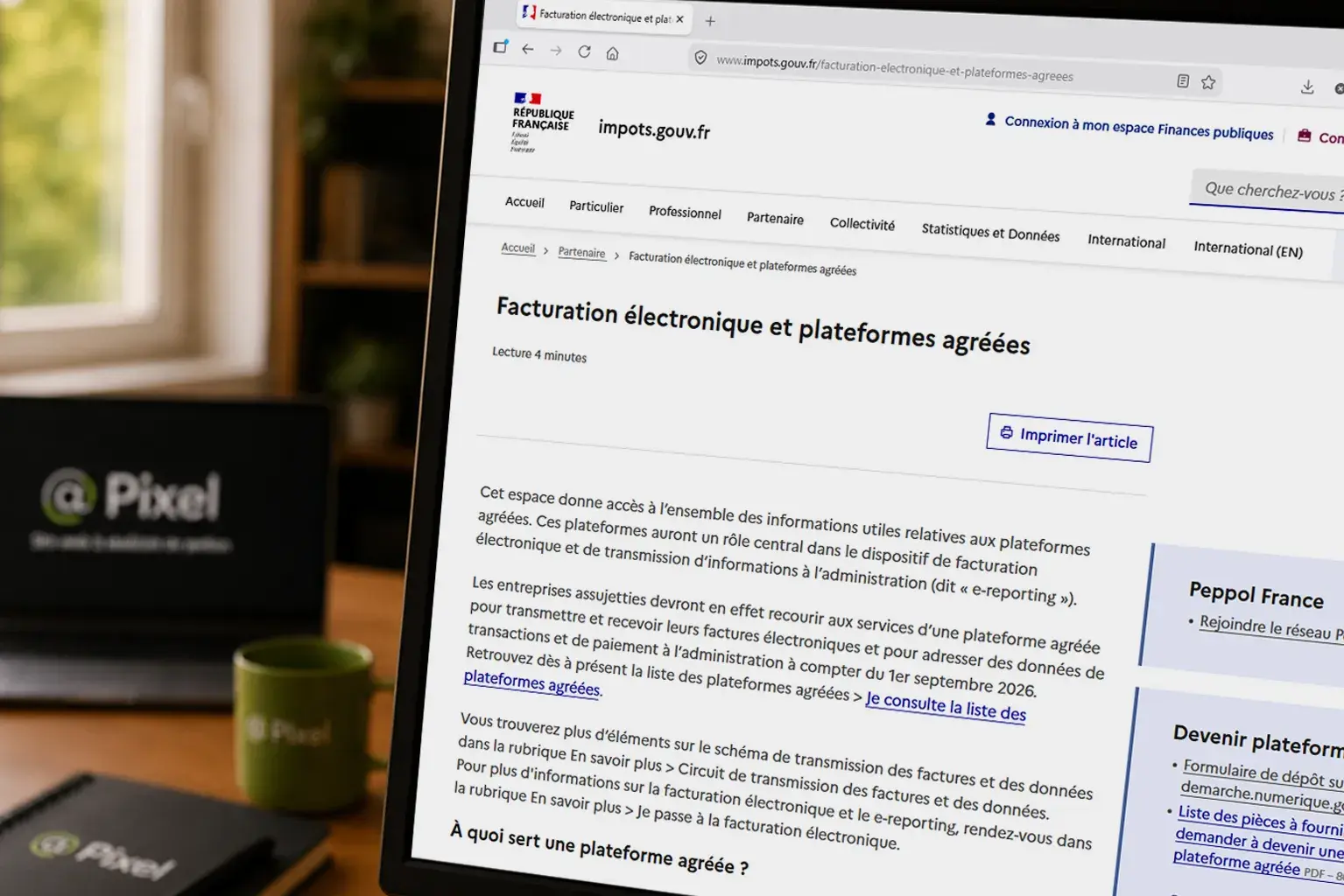 Écran présentant des informations sur la facturation électronique et les plateformes agréées.