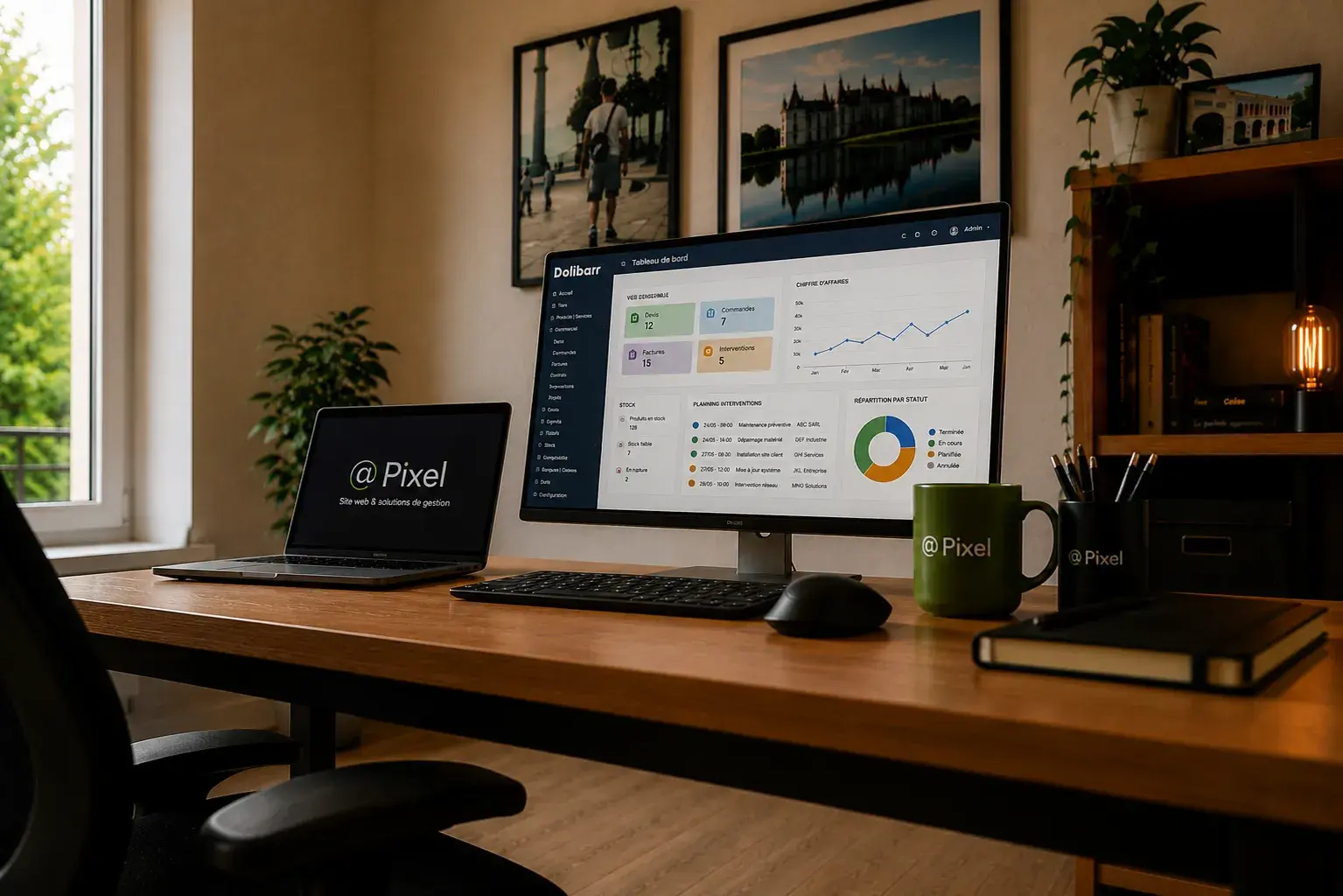 Espace de travail avec un tableau de bord Dolibarr pour le suivi commercial et opérationnel.