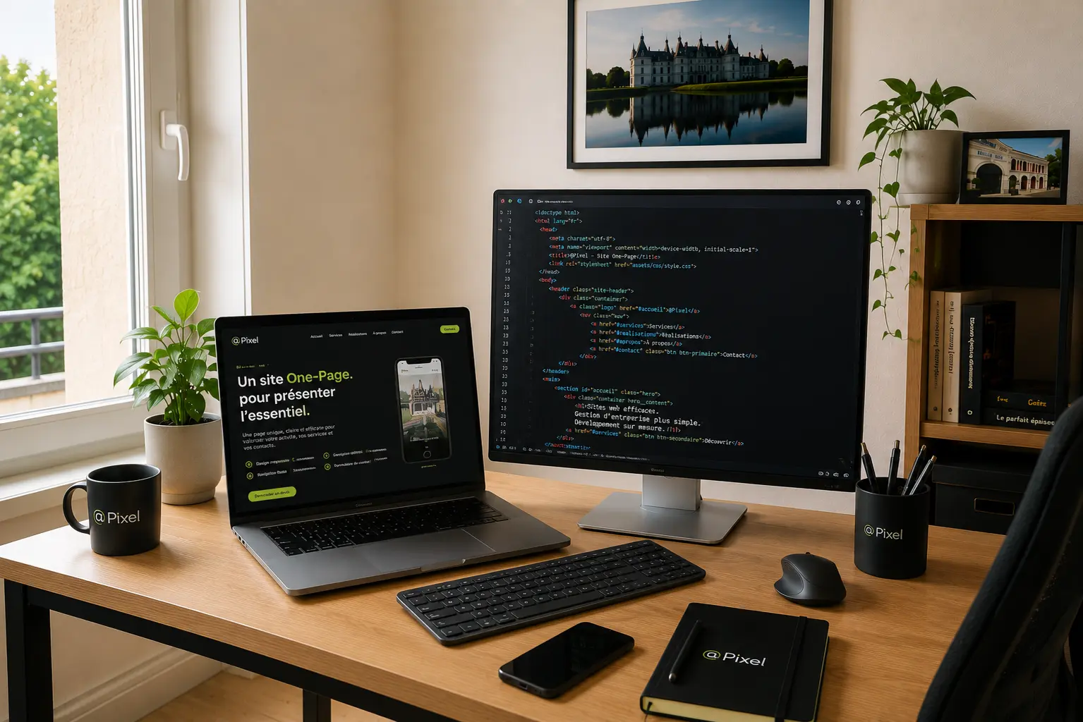 Illustration d’un espace de développement avec un aperçu de site OnePage sur ordinateur portable.