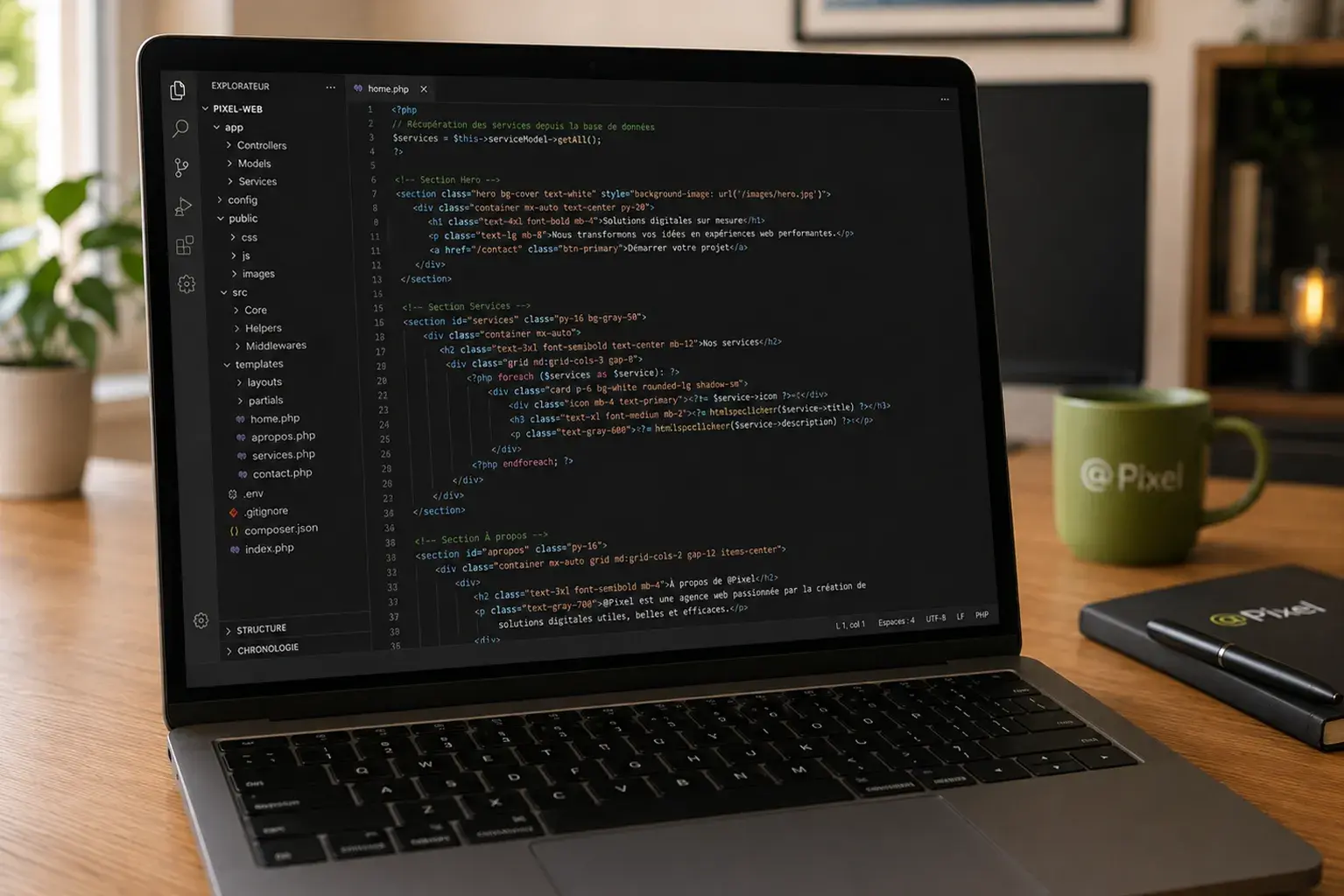 Ordinateur portable affichant le code d’une application web métier.