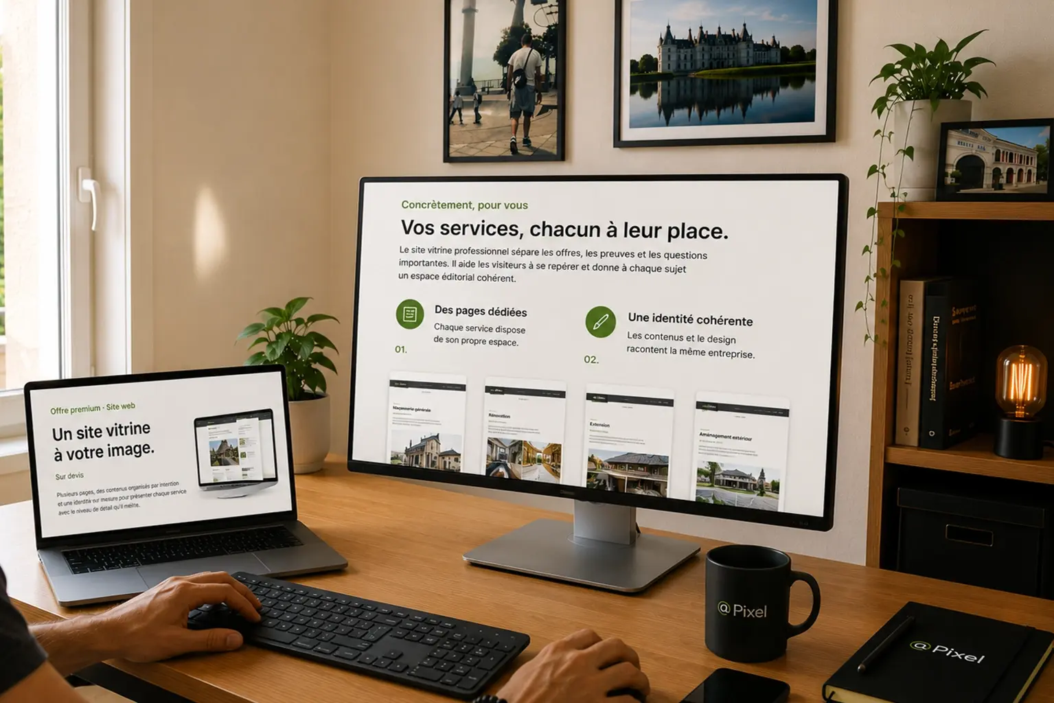 Illustration d’un espace de création avec plusieurs pages de site vitrine présentées sur les écrans.