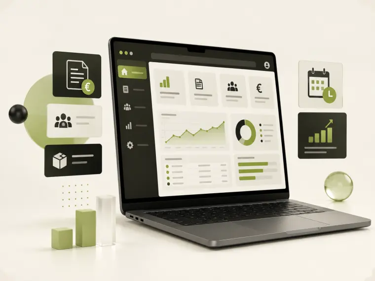 Illustration d’un outil de gestion sur ordinateur, avec clients, facturation, stocks et suivi d’activité.