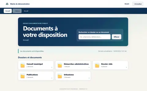 Interface de borne municipale avec recherche et dossiers de documents à consulter.
