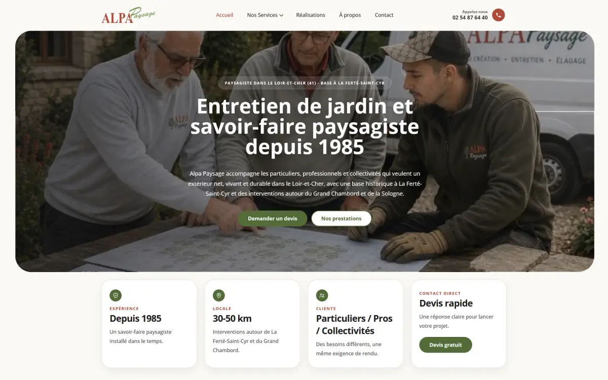 Capture de la page d’accueil du site ALPA Paysage