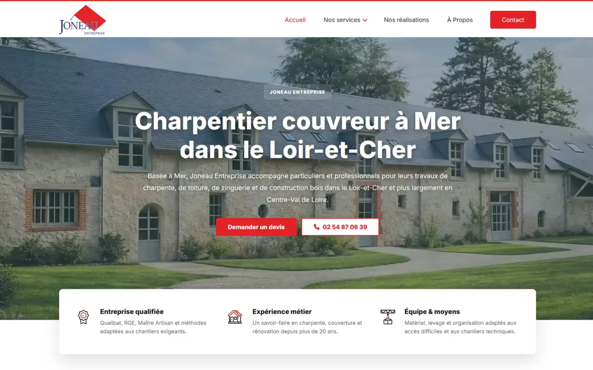 Capture de la page d’accueil du site Joneau Entreprise